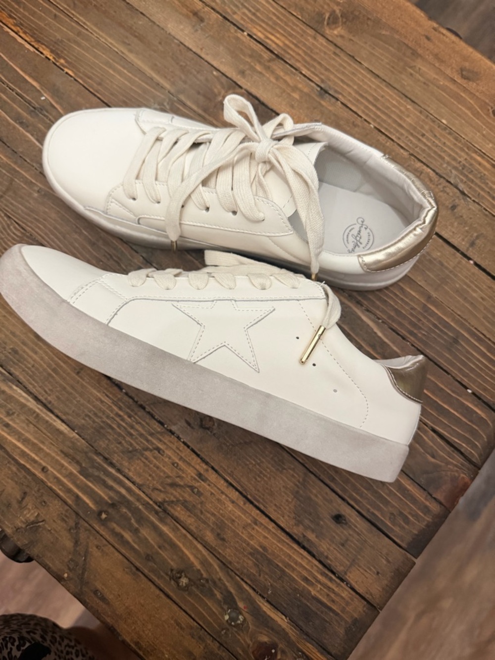 Sweet Honey Women’s White Leather Star Accent Sneakers with Metallic Heel